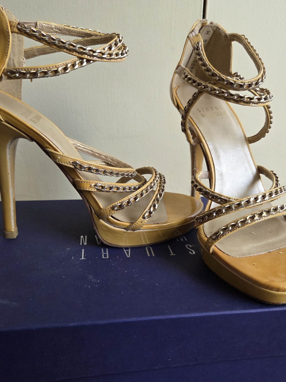 Vintage Stuart Weitzman Metallic Gold Chain-Strap Stiletto Sandals